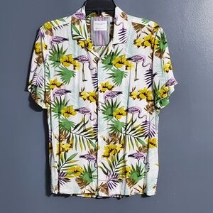 Denim & Flower Tropical Flamingo Men's Short Sleeve Button Down Shirt Size M